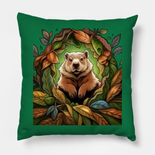 Groundhog Woodchuck With Mayflower Massachusetts State Tattoo Art Pillow