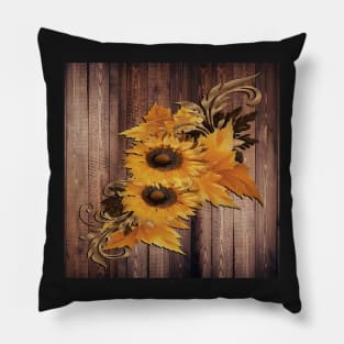 Sunflowers Rustic Floral on Wood Barn Look Background with Pattern Sunflower Pillow