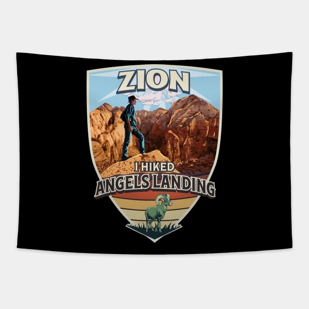 Zion National Park I Hiked Angels Landing with Hiker and Bighorn Sheep Tapestry by SuburbanCowboy