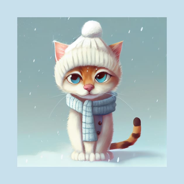 Cute Cat with a Scarf and Hat in Winter Scenery by KOTOdesign