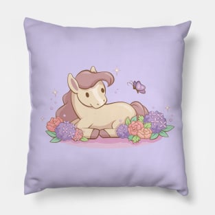 Cute Pony and Butterfly for Horse Lovers Kawaii Aesthetic Pillow