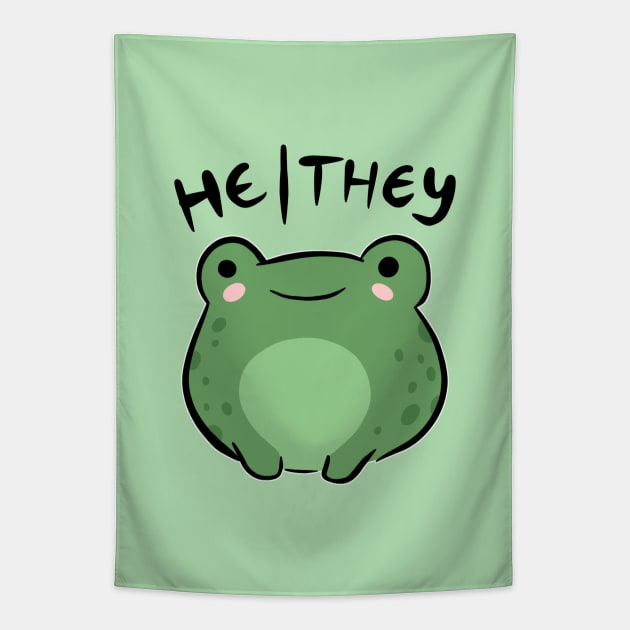 He/They Pronouns: Froggy's Leaping Celebration - An Adorable Nonbinary Aesthetic for Enby, LGBTQ, Demigirl, Demiboy Tapestry by Ministry Of Frogs