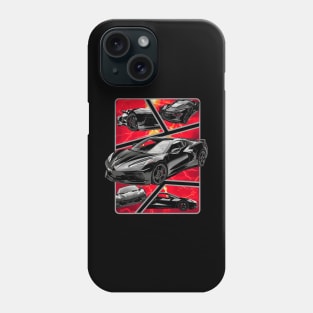 Multiple Angles of the Black C8 Corvette Presented In A Bold Vibrant Panel Art Display Supercar Sports Car Racecar Torch Black Corvette C8 Phone Case