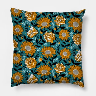 Bold Summer Flowers on Aqua Blue Pillow