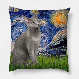 Starry Night with a Russian Blue Cat Pillow