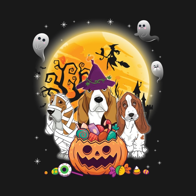 Basset Hound Dog Mummy Witch Moon Ghosts Happy Halloween Thanksgiving Merry Christmas Day by joandraelliot