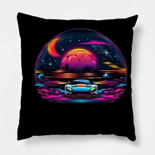 Fast Car with Skyline and Moon Pillow