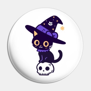 Witch Cat Standing On Top Of a Skull Pin