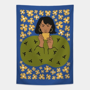 Woman with coffee and flowers Tapestry