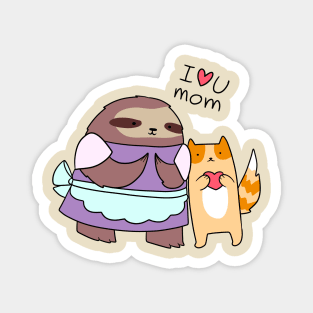 I Love U Mom Sloth and Cat Magnet