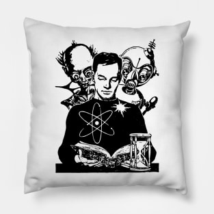 Man Reads with Alien and Robot Pillow