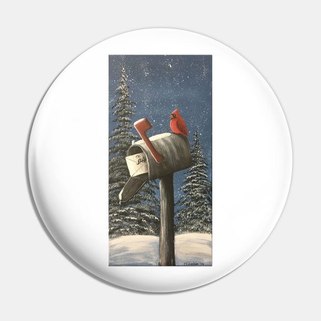 Cardinal on a Mailbox with Christmas Letter to Santa Pin by SistersInArtN