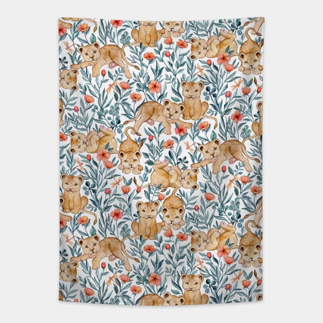 Lion Cub Pairs and Poppies on White Tapestry by micklyn