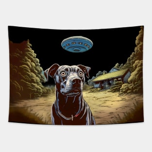 UFOs 2: My Dog Thinks UFOs Are Real on a dark (Knocked out) background Tapestry