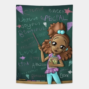 African American Girl Light Brown and Positive Words Tapestry