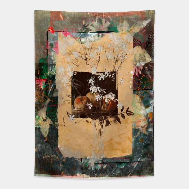 Still life with flowers and peaches collage Tapestry by Victoria Herrera Collagist