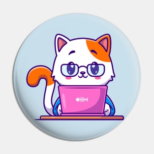 Cute Cat Working On Laptop Cartoon Pin
