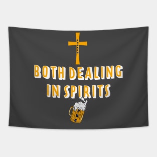 Dealing in Spirits Funny Beer and Religion Design Tapestry