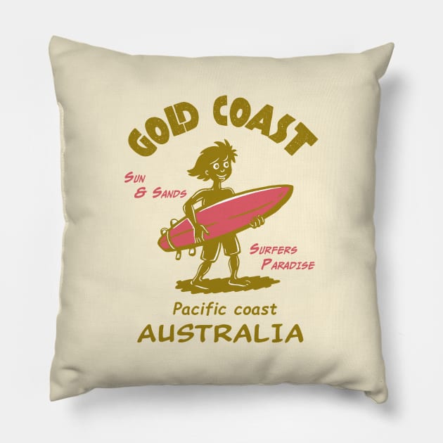 Gold coast Funny Surf Silhouette Pillow by Alexander Luminova