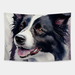 Black and White Border Collie Watercolor Portrait Tapestry