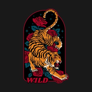 Japanese Wild Tiger with Rose Background T-Shirt