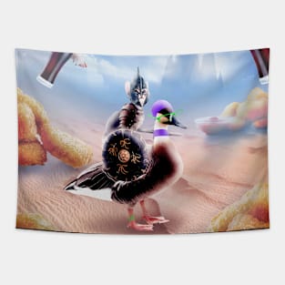 Warrior Cat Riding Duck in Desert Tapestry