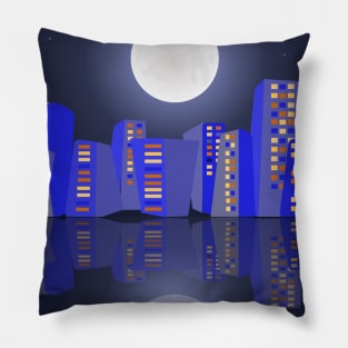 Cityscape under full moon light Pillow