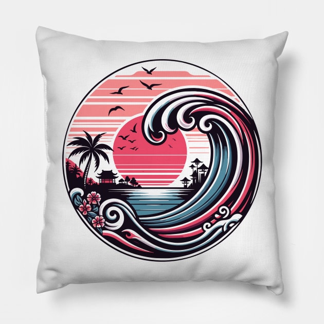 Modern Wave Sunset Pillow by The Tee Bizarre