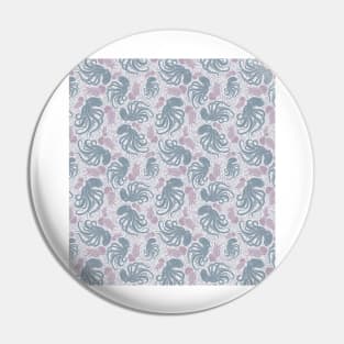 Grey octopus amoung pink jellyfish and seashell Pin