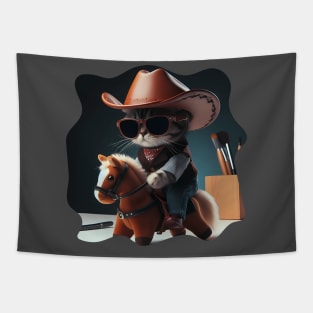 A cat wearing sunglasses and a cowboy hat riding a toy horse Tapestry