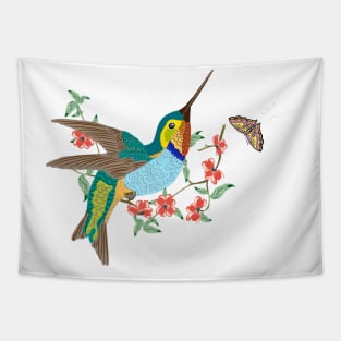 Lovely Flying Hummingbird Butterfly Flowers illustration Tapestry