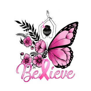 Believe Breast Cancer Awareness Butterfly Pink Ribbon T-Shirt