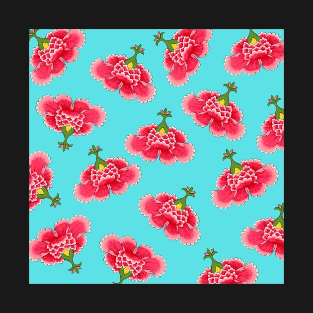 Chinese Vintage Pink and Red Flowers with Turquoise Blue - Hong Kong Traditional Floral Pattern by CRAFTY BITCH