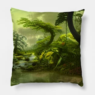 Digital Painting Scene Of a Realistic Jungle and Lake, Amazing Nature Pillow