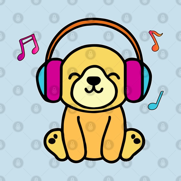 Happy smiling baby dog puppy with headphones. Kawaii cartoon by SPJE Illustration Photography