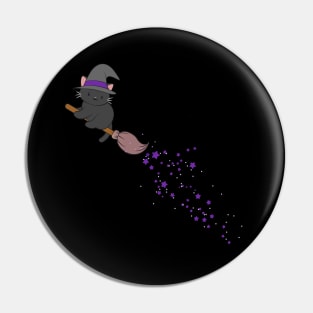 Kawaii Black Cat Witch on Purple Star Broom Pin