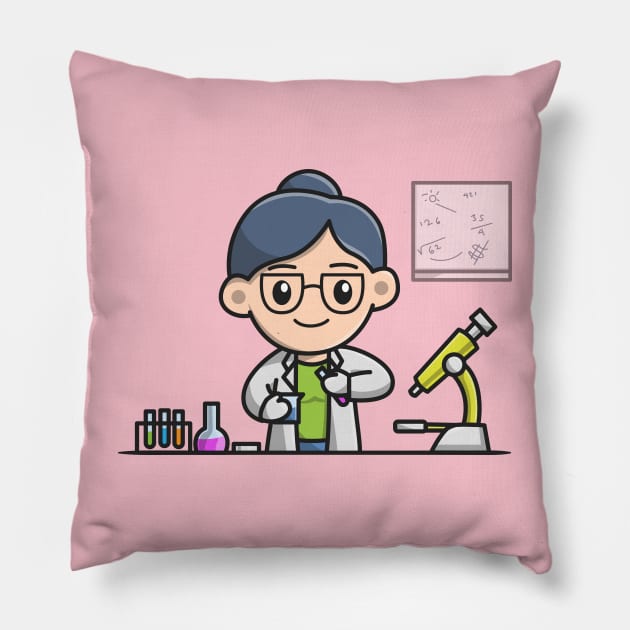 Cute Female Scientist Experimenting In The Laboratory Cartoon Pillow by Catalyst Labs