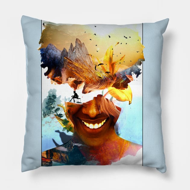 Her Mountain Smile Afro Double Exposure Nature Beautiful Pillow by Glass Table Designs