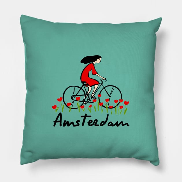 Girl in bike on a tulip field | Amsterdam Pillow by covostudio