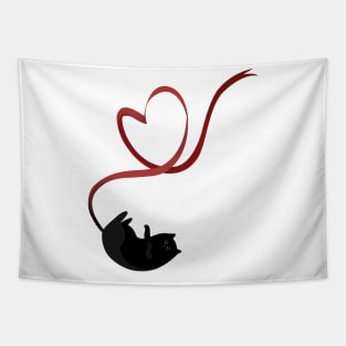 Black cat with heart ribbon Tapestry