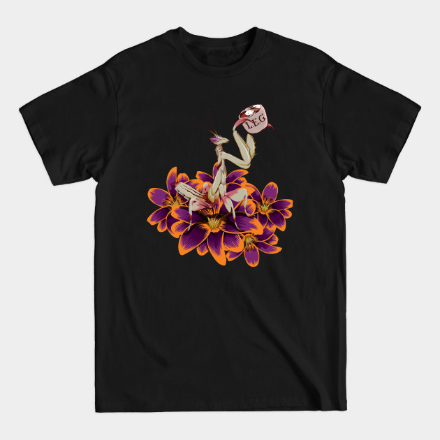 Original White and purple Praying Mantis on orange and Purple Tulips sipping on some Tea. - Mantis - T-Shirt Original White and purple Praying Mantis on orange and Purple Tulips sipping on some Tea. - Mantis - T-Shirt