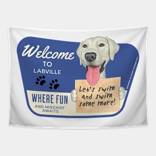 Cute White Lab with let's swim and swim some more Tapestry