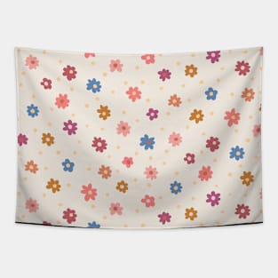 Scattered Daisy field with  orange, pink and blue floral on warm cream background Tapestry