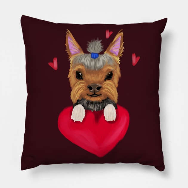 Yorkie with red heart Pillow by Antiope