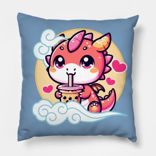 Kawaii Baby Dragon Drinking Boba in the Sky Pillow