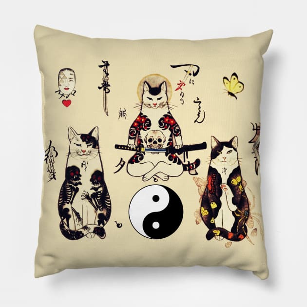 THREE SAMURAI CATS IN SKULL,SKELETON,BUTTERFLY TATTOOS AND YIN YANG SYMBOL Pillow by BulganLumini