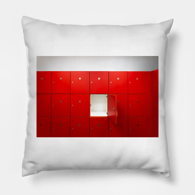 Red lockers inside of a room with one central opened door Pillow by renee1ty