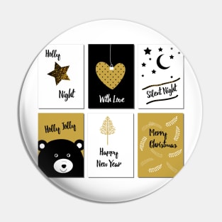 Merry Christmas cards - black, white and gold Pin