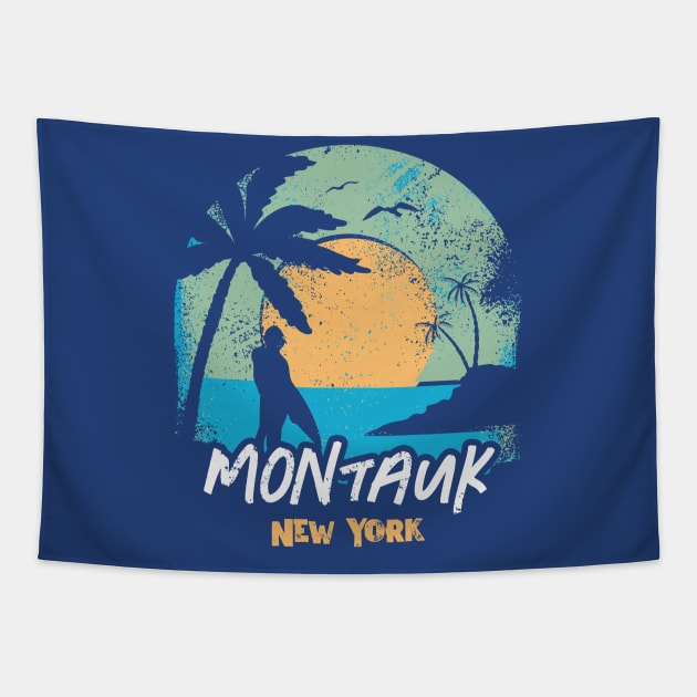 Retro Sunset Montauk New York Surfing // Retro Surfer Beach Tapestry by Now Boarding