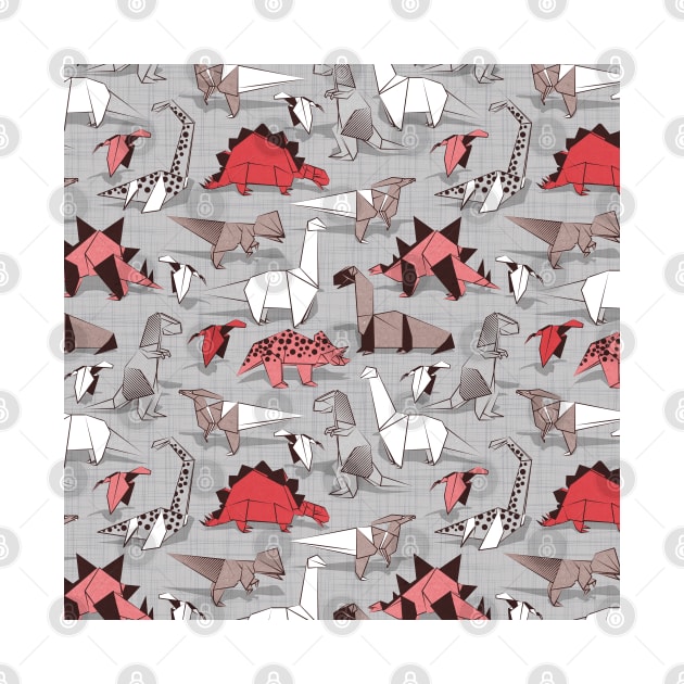 Origami dino friends // pattern // grey linen texture background red white and beige dinosaurs by SelmaCardoso